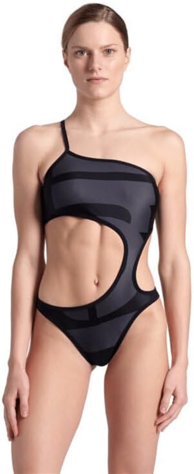 Arena Womens Arena Logo One Piece Single Shoulder Mayo, Asphalt Multi-Black-Black, S
