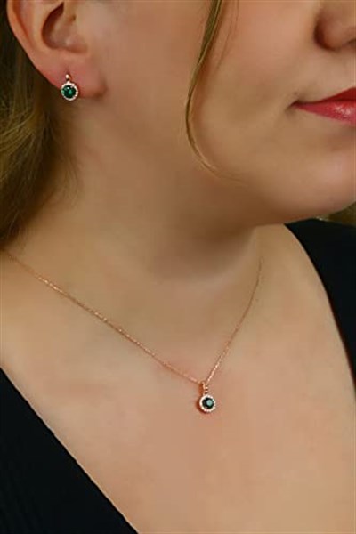 Argentum Concept 925 Ayar Gümüş Rose Yeşil Taşlı Minimal Set - S014302