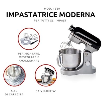 Ariete Moderna Mutfak Şefi Siyah Gri 1589/02 - Döküm Gövde, Planet Mikser Yoğurma Makinesi, 1600 Watt, 11 hız, 5,5 Lt Paslanmaz Çelik Hazne, Sıçrama Önleyici Kapak, 3 Hazne Aparat