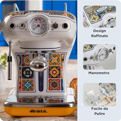 Ariete Positano Espresso Kahve Makinesi 1389/1P - Maxi Cappuccino Cihazı, Süt Köpürtme Başlığı, 850 Watt, 0,9 Litre Çıkarılabilir Su Tankı, Çıkarılabilir Damlama Tepsisi ve Bardak Tutucu