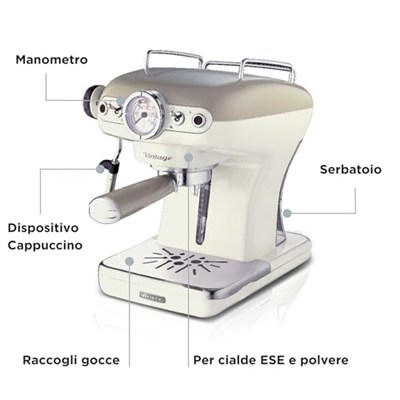 Ariete Vintage Espresso Kahve Makinesi Bej 1389/13 - Süt Köpürtme Başlığı, 900 Watt, 0,9 Litre Çıkarılabilir Su Tankı, Çıkarılabilir Damlama Tepsisi ve Bardak Tutucu, Bekleme Fonksiyonu