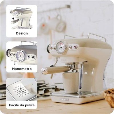 Ariete Vintage Espresso Kahve Makinesi Bej 1389/13 - Süt Köpürtme Başlığı, 900 Watt, 0,9 Litre Çıkarılabilir Su Tankı, Çıkarılabilir Damlama Tepsisi ve Bardak Tutucu, Bekleme Fonksiyonu