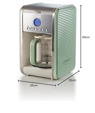 Ariete Vintage Filtre Kahve Makinesi Yeşil 1342/04-2 Lt Temperli Cam Sürahi, 12 Fincan Kapasite, 960 Watt, Amerikan Kahve Makinesi, 24 Saate Kadar Önceden Programlanabilir, LCD Ekran ve Zamanlayıcı