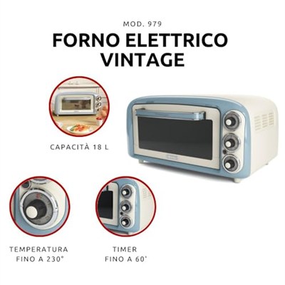 Ariete Vintage Fırın Mavi 0979/05 - Pizza Fırını, 1380 Watt, 18 Litre Kapasite, 3 Pişirme Fonksiyonu, Paslanmaz Çelik Hazne, 60 Dakika Zamanlayıcı, Çift Cam, 230°C ye Kadar Sıcaklık, Kolay Temizleme