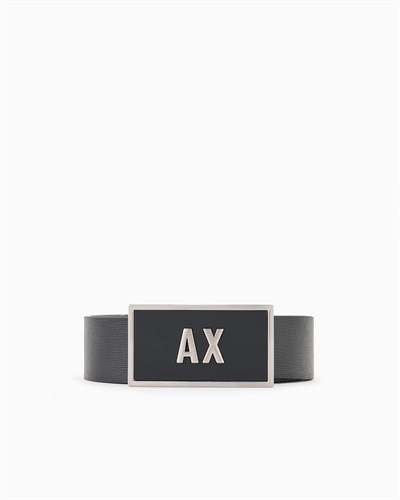 Armani Exchange Erkek Çift Tokalı Logo Kemer, Siyah/Lacivert, Tek Beden