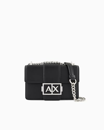 Armani Exchange Gümüş renkli zincirli, AX kilitli siyah deri askılı çanta