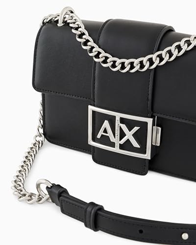 Armani Exchange Gümüş renkli zincirli, AX kilitli siyah deri askılı çanta