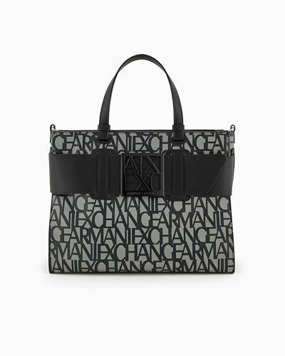 Armani Exchange Womens Large Logo Placket Satchel Bag Big Tote, Bej/Siyah, Bej/Siyah, Ölçü Birimi