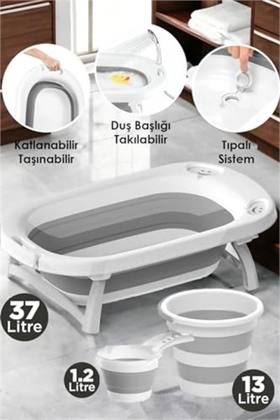 Arsimo Katlanır 3lü Bebek Çocuk Yıkama Küvet - Kova - Maşrapa Seti Büyük Boy | Duş Başlığı Takılabilir Tıpalı Akordiyon Set