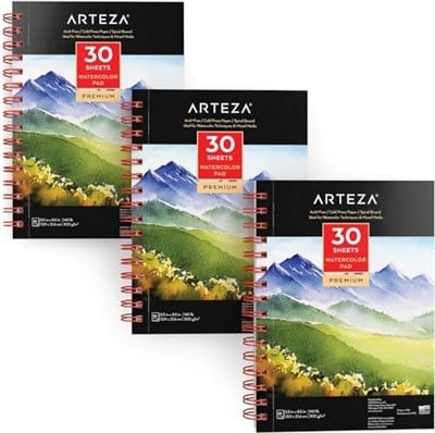 Arteza Sulu boya kağıdı boyama bloğu 3lü set, her sulu boya bloğu için 30 yaprak 13,9 cm x 21,6 cm, 300 g/m² soğuk preslenmiş asit içermeyen sulu boya kağıdı, sulu boya ve karışık medya için