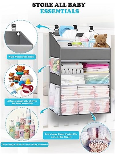 Asılı Bebek Bezi Caddy Organizatör Beşik Organizatörü - Masa Değiştirme için Geniş Kız Bebek/Erkek Bebek Bezi Düzenleyici, Oyun Parkı/Duvar - Tutun 90+ Bebek Bezi (Gri)
