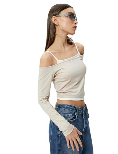 Askılı Madonna Yaka Omzu Açık Tişört Uzun Kollu Renk Kontrastlı Slim Fit