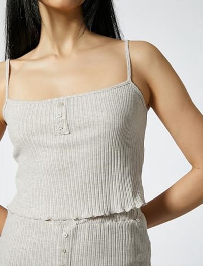 Askılı Pijama Üstü Crop Düğmeli Fitilli