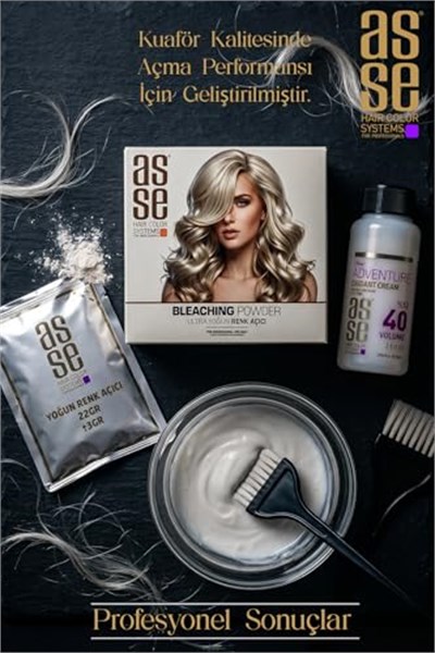 Asse Hair Colors For Professionals. Bleaching Powder - Ultra Yoğun Saç Renk Açıcı. Profesyonel Kullanım İçin. Ultra Bağ Güçlendirici Formülüyle 8 Tona Kadar Açma, Saçı Güçlendirir ve Korur