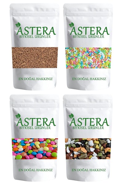 ASTERA 500 Gr Pasta Süsü Renkli + 500 Gr Bonibon + 500 Gr Pasta Süsü Kakaolu + 500 Gr Çakıltaşı Çikolata