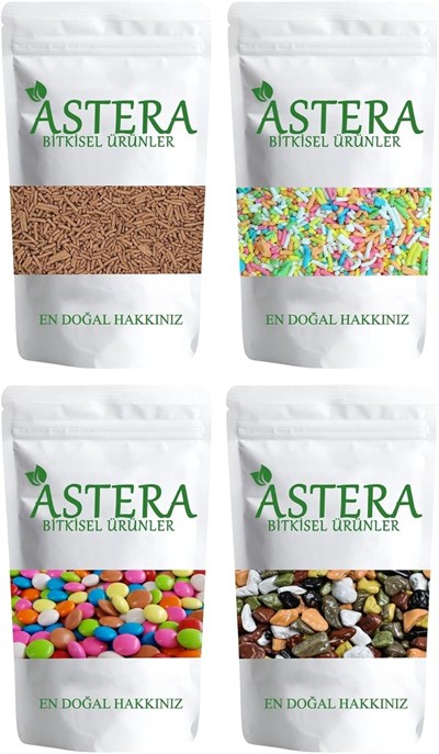 ASTERA 500 Gr Pasta Süsü Renkli + 500 Gr Bonibon + 500 Gr Pasta Süsü Kakaolu + 500 Gr Çakıltaşı Çikolata