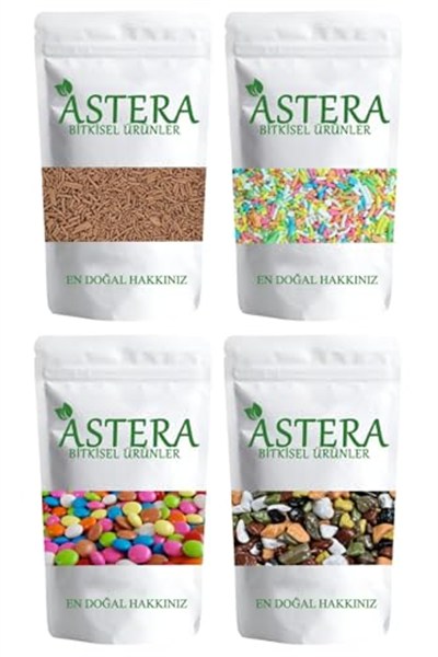 ASTERA 500 Gr Pasta Süsü Renkli + 500 Gr Bonibon + 500 Gr Pasta Süsü Kakaolu + 500 Gr Çakıltaşı Çikolata