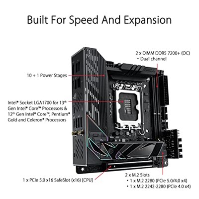 ASUS ROG Strix Z790-I Oyun WiFi 6E LGA 1700 (Intel®13. ve 12. Nesil) mini-ITX oyun anakart (PCIe5.0, DDR5,10+1 güç aşamaları, Thunderbolt 4,2.5GbLAN, USB 3.2 Gen 2x2 ön panel Tip-C, 2x M.2/NV. Me SSD)