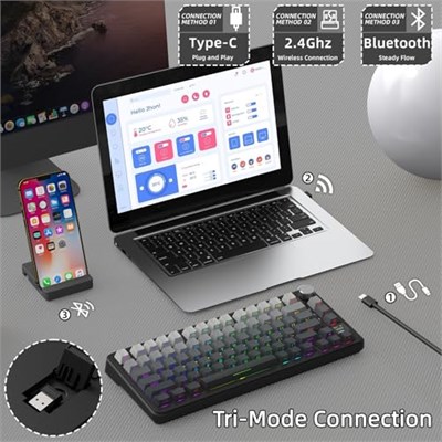 ATTACK SHARK X85PRO 75% Kablosuz Mekanik Klavye – TFT Ekran, Gasket Yapı, RGB Işıklandırma, Hot-Swap, 4000mAh Pil, BT/2.4G/USB-C Üçlü Bağlantı, QMK Desteği – Moonlit