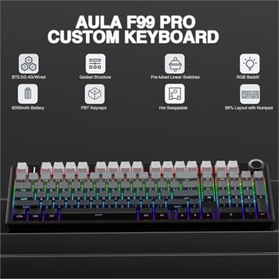 Aula F99 Pro 3 Modlu RGB Hot Swap Mekanik Nimbus V3 Switch Kablosuz Makrolu Klavye Gradyan Gri