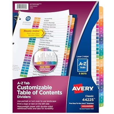 Avery 3 Halka Bağlayıcı için A-Z Tab Bölücüler, Özelleştirilebilir İçindekiler, Çok Renkli Sekmeler, 3 Takım (44225)