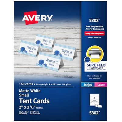 Avery 5302 Küçük çadır kart, beyaz, 2 x 3 1/2, 4 kart/(Box 160)