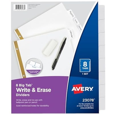 Avery Big Tab Ayırıcı, 8 Sekme, Yazılabilir Silinebilir, Beyaz, 48li Set