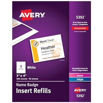 Avery İsim Rozet Uçları, Baskı veya Yazma, 7 x 10 cm, 300 Kart Stok Yedekleri (5392), Beyaz