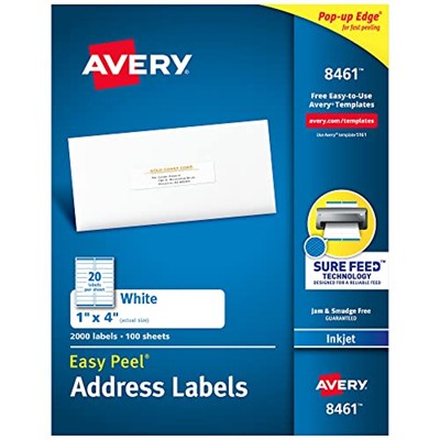 Avery Mürekkep Püskürtmeli Yazıcılar için Sabit Beslemeli Adres Etiketleri, 2,54 cm x 10,16 cm, 2000 Etiket, Kalıcı Yapıştırıcı (8461)