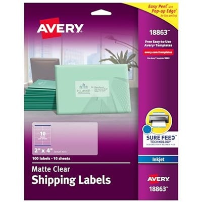 Avery Mürekkep Püskürtmeli Yazıcılar için Şeffaf Kolay Soyulabilir Gönderim Etiketleri 5 cm x 10 cm, 100lü Paket (18863), Beyaz