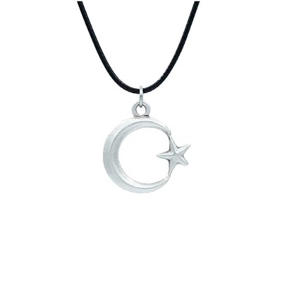 Ay Yıldız Deri ip Kolye - Gümüş Kaplama - Kadın Erkek Kolye - No:1603