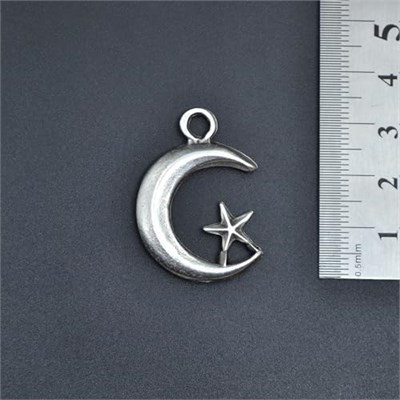 Ay Yıldız Erkek Kadın Kolye Antik Gümüş Kaplama - 60 cm Düz Zincir