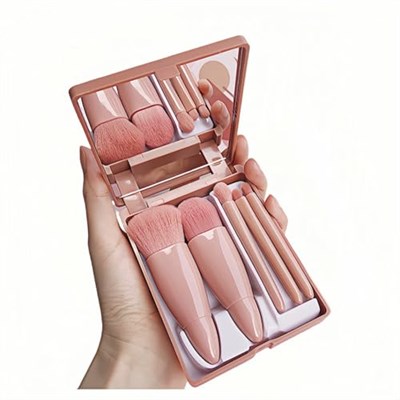 Aynalı ve Seyahat Kılıflı 5 Parça Profesyonel Makyaj Fırça Seti, Hassas Ciltler için Hipoalerjenik Vegan Kıllar Lüks Hediyeye Hazır Kutu, Gelinler, Seyahat, Hareket Halinde Rötuşlar için Taşınabilir