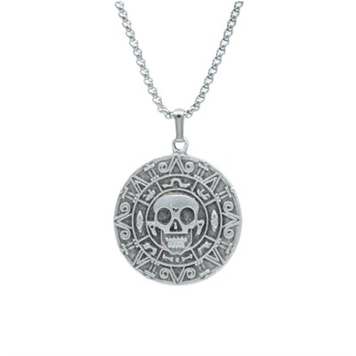 Aztec Karayip Korsanları Madalyon Örme Zincir Kolye - Gümüş Kaplama - Erkek Kadın Kolye - No:1378