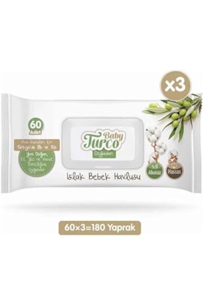 Baby Turco Doğadan Islak Bebek Havlusu, 3lü paket, 180 Yaprak