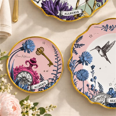 Baci Milano Allegria  Pembe ve Yeşil Karışık Desenli 6 Parça Mix Porselen Ekmek Tabağı 16 cm