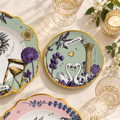 Baci Milano Allegria  Pembe ve Yeşil Karışık Desenli 6 Parça Mix Porselen Ekmek Tabağı 16 cm