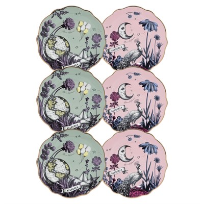 Baci Milano Allegria Pembe ve Yeşil Karışık Desenli 6 Parça Mix Porselen Pasta Tabağı 22 cm