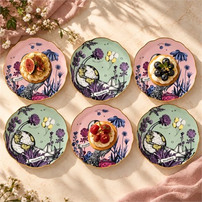 Baci Milano Allegria Pembe ve Yeşil Karışık Desenli 6 Parça Mix Porselen Pasta Tabağı 22 cm