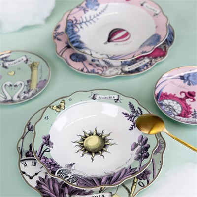 Baci Milano Allegria  Pembe ve Yeşil Karışık Desenli 6 Parça Mix Porselen Çukur Tabağı 22 cm