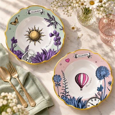 Baci Milano Allegria  Pembe ve Yeşil Karışık Desenli 6 Parça Mix Porselen Çukur Tabağı 22 cm