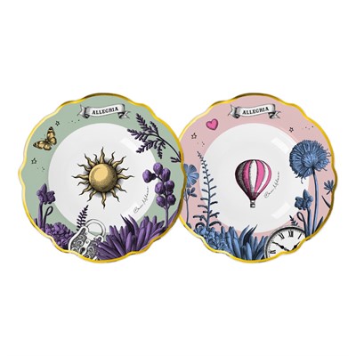 Baci Milano Allegria  Pembe ve Yeşil Karışık Desenli 6 Parça Mix Porselen Çukur Tabağı 22 cm