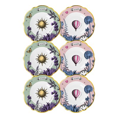 Baci Milano Allegria  Pembe ve Yeşil Karışık Desenli 6 Parça Mix Porselen Çukur Tabağı 22 cm