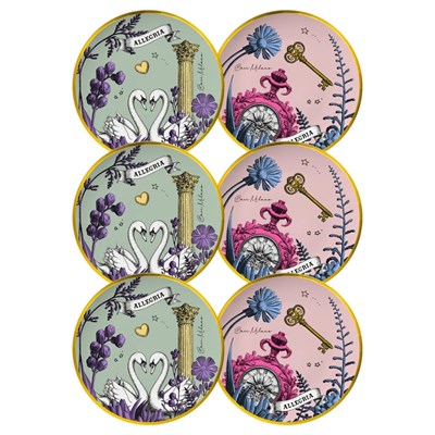 Baci Milano Allegria  Pembe ve Yeşil Karışık Desenli 6 Parça Mix Porselen Ekmek Tabağı 16 cm