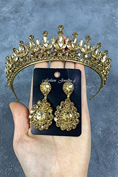 Bal Rengi Catherine Taşlı Kına Gelin Tacı Ve Damla Taşlı Abiye Küpe Takımı