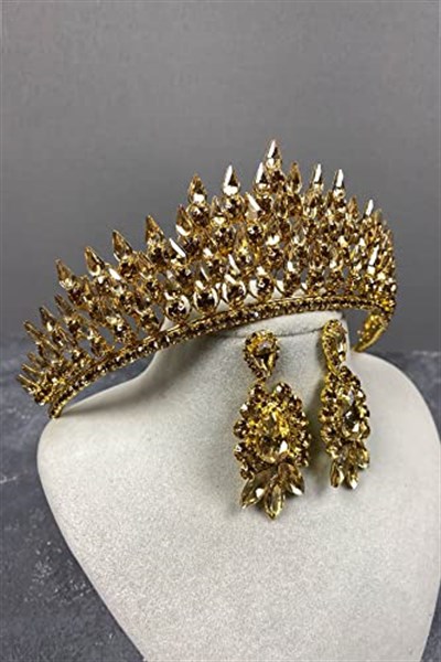 Bal Rengi Eda Model Üç Boyutlu Gelin Tacı Ve Abiye Küpe Seti