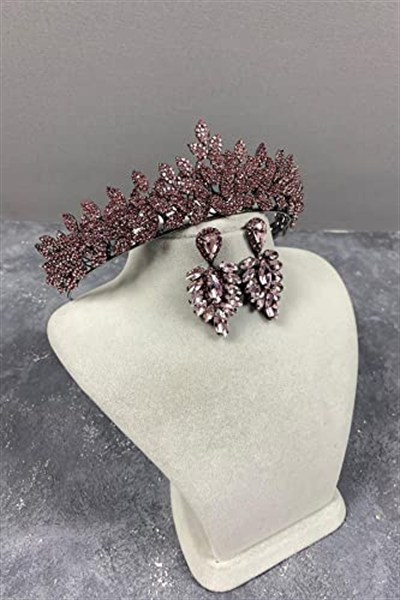 Bal Rengi Jessie Model Şık Taşlı Gelin Tacı Ve İnce Küpe Takımı