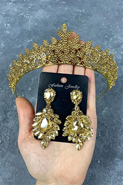 Bal Rengi Jessie Model Şık Taşlı Gelin Tacı Ve Mekik Küpe Takımı
