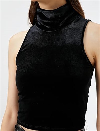 Balıkçı Yaka Bluz Crop Kolsuz Kadife