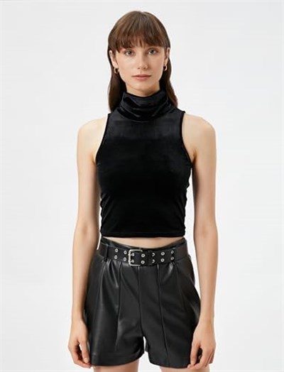 Balıkçı Yaka Bluz Crop Kolsuz Kadife
